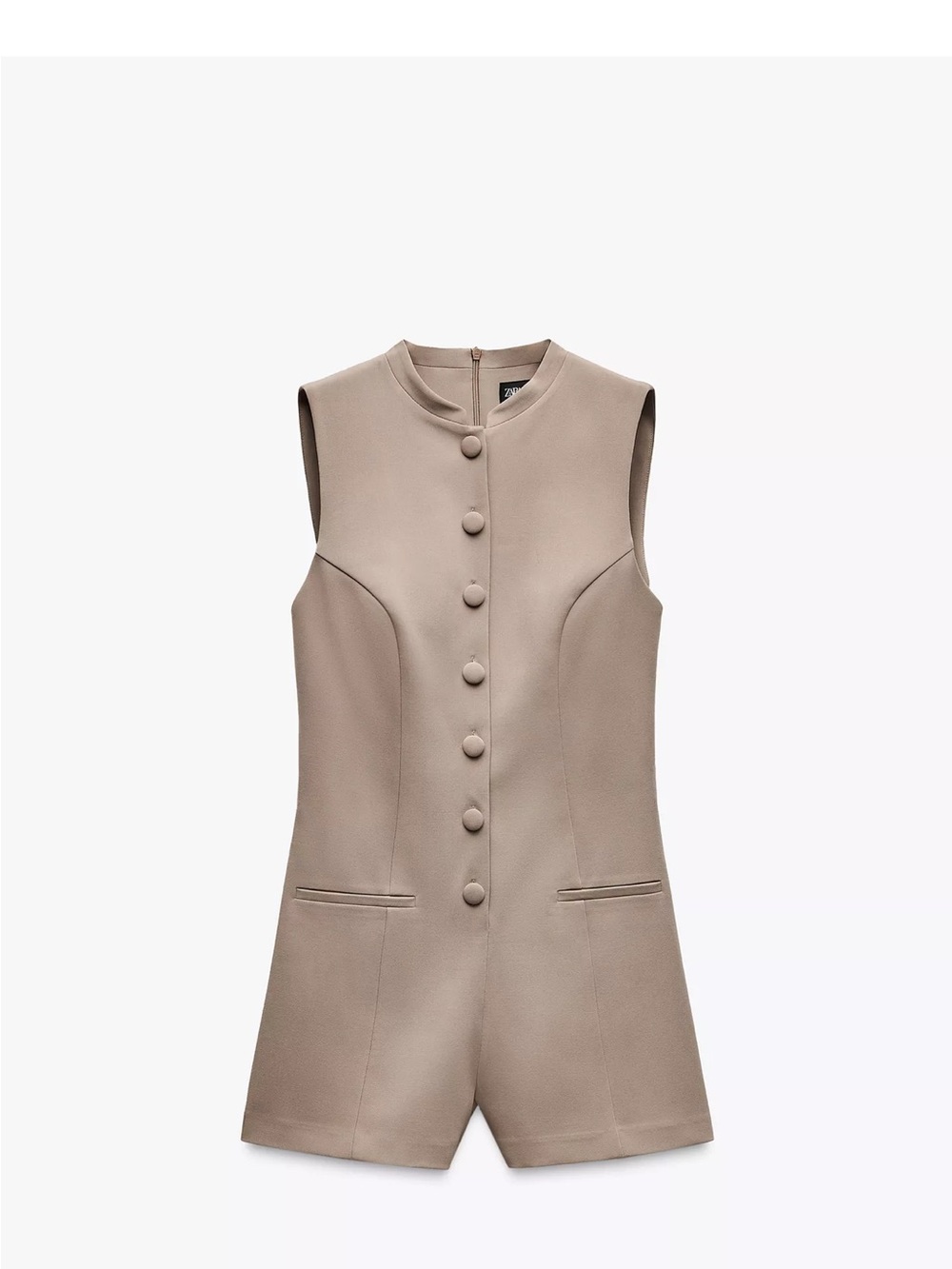 Zara Sleeveless Taupe Button-Front Romper